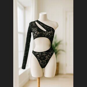 Frederick's of Hollywood Bodysuit XL Black Kerry Lace Cut-Out Asymmetrical Sheer